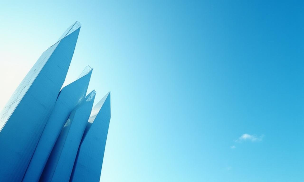 Abstract architectural spires reaching toward a blue sky